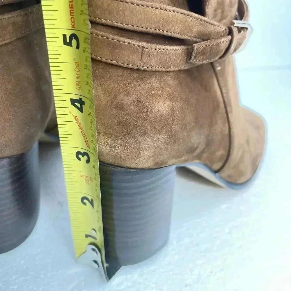 Ann Taylor Wraparound Buckle High Block Heel Suede Boots size 6 New Dark Maple - Picture 9 of 11